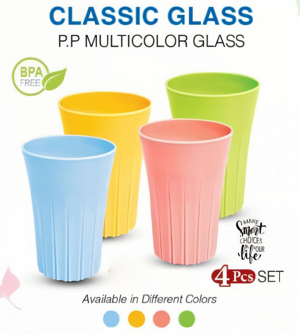 PP Multicolor Unbreakable Glass Set – 4 Pcs