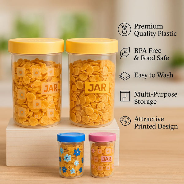 Printed Plastic Storage Jar Set Of 2 With Colorful Lids